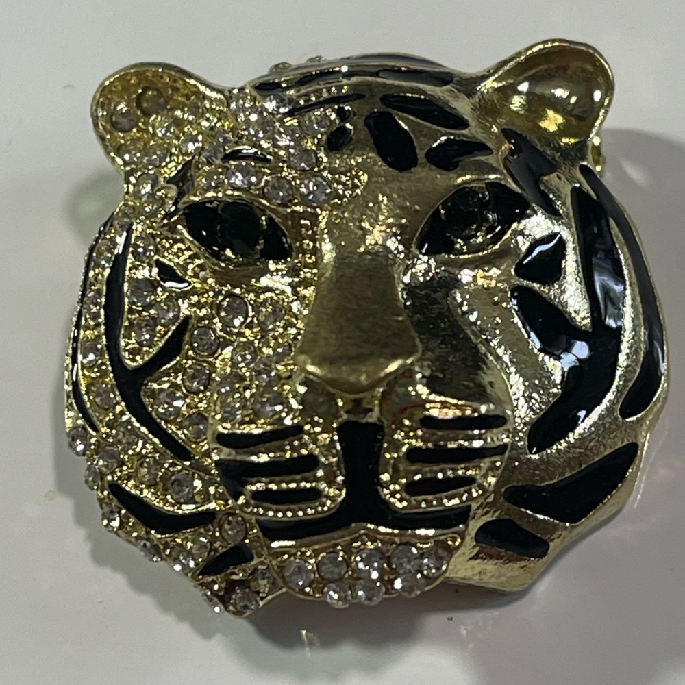 Gold and Black Tiger Head Rhinestone Brooch Pin 1.4 in. NWT